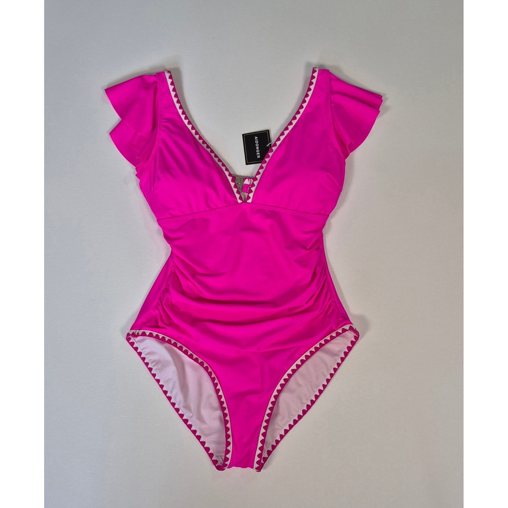 Aidonger Hot Pink Ruffle Sleeve Tummy Control One Piece Swimsuit NWT Medium